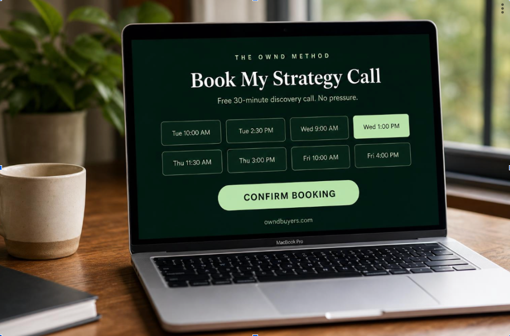 Laptop screen showing booking options for a free 30-minute strategy call with multiple time slots.