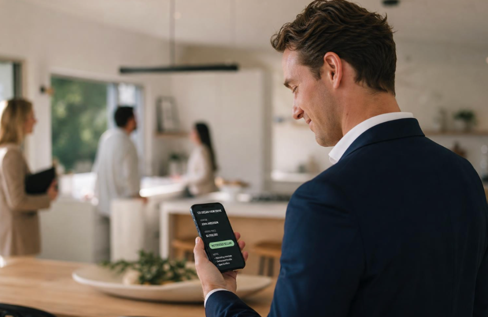 Man in suit smiling and looking at smartphone with verified seller app in a modern kitchen.