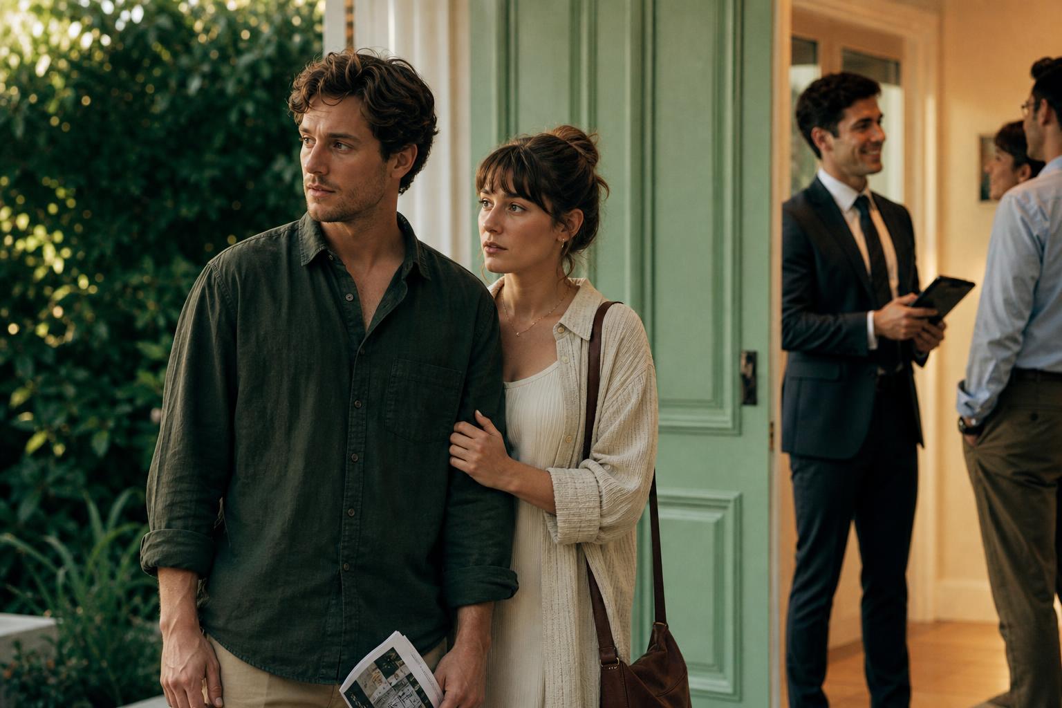 Couple standing outside a house looking contemplative while two men in suits talk inside.