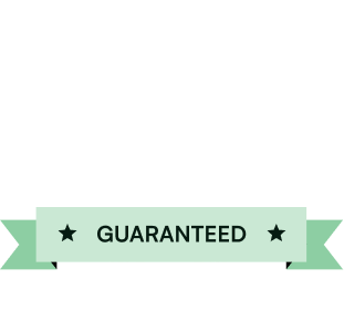 Badge with laurel wreath and stars stating 100% we make it right guaranteed on green ribbon.