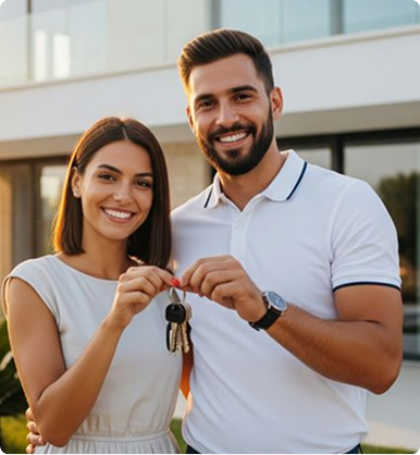 Smiling couple holding keys outside modern home, signaling a new house purchase or rental.
