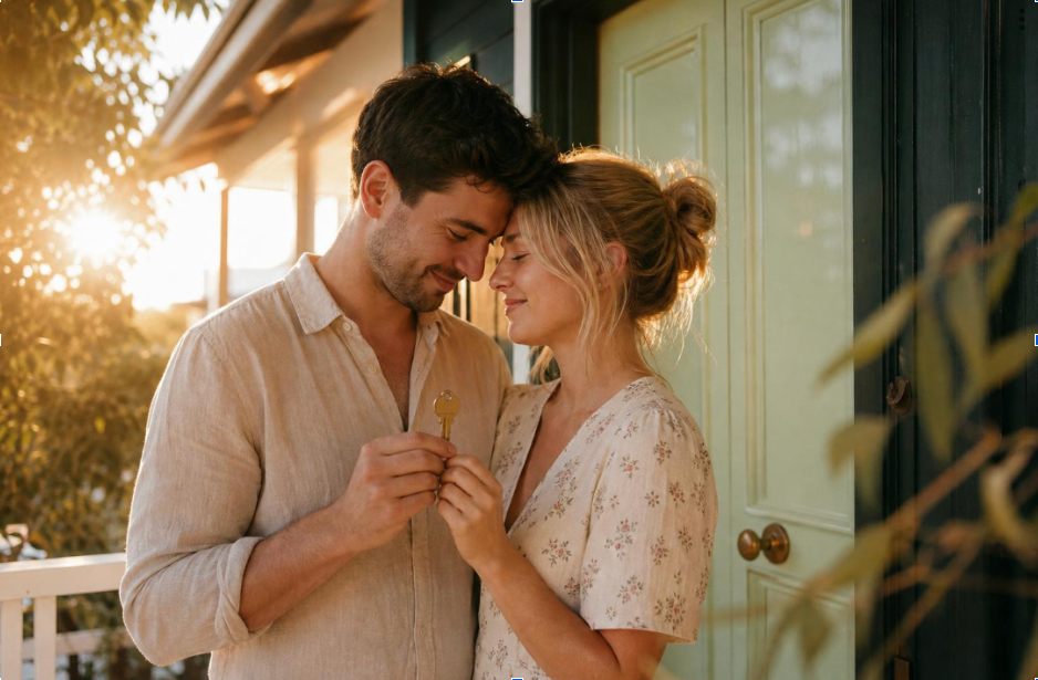 Happy couple standing close on porch, holding a house key together with eyes closed at sunset.